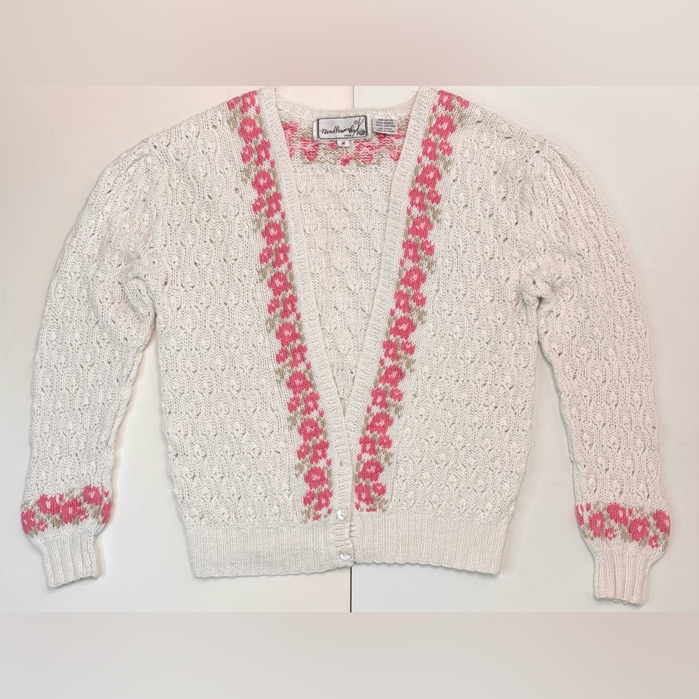 Vintage Cottage-core 80’s White Pink Floral Hand Knit Granny Cardigan Sweater - Picture 10 of 10